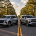 2026 Chevrolet Traverse and 2026 Chevrolet Tahoe side by side on a North Carolina road near Rockingham