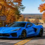 2026 Chevrolet Corvette Z06 on a two-lane NC Piedmont road surrounded by autumn foliage