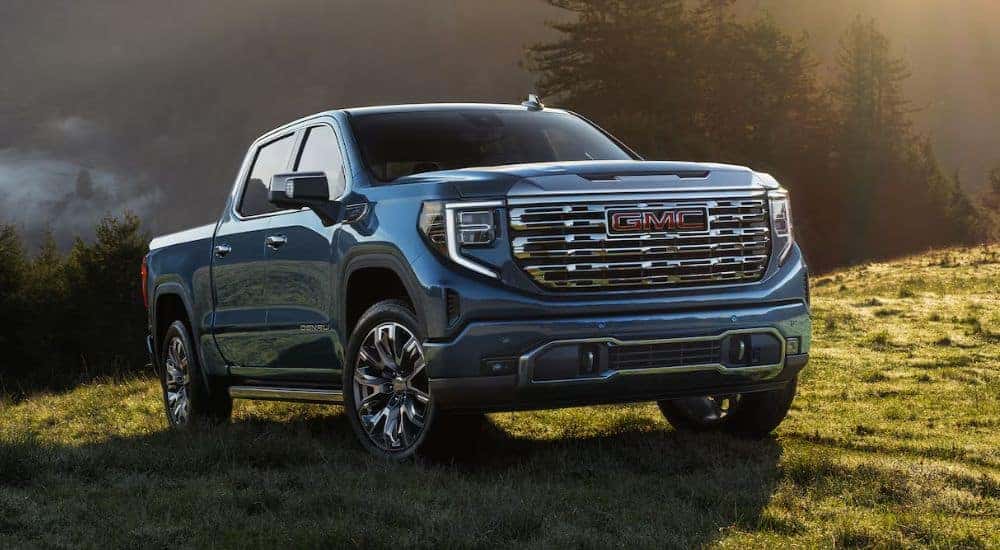 A blue 2026 GMC Sierra 1500 Denali shown parked on a grass field.