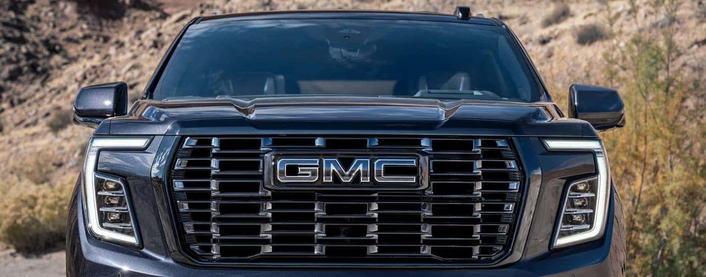 Black 2026 GMC Yukon close up of the front grille.