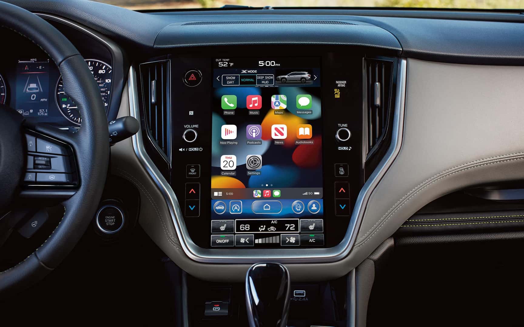 Interior detail shot of STARLINK Multimedia on Apple Carplay Screen in Outback Onyx Edition XT with Gray StarTex Urethane