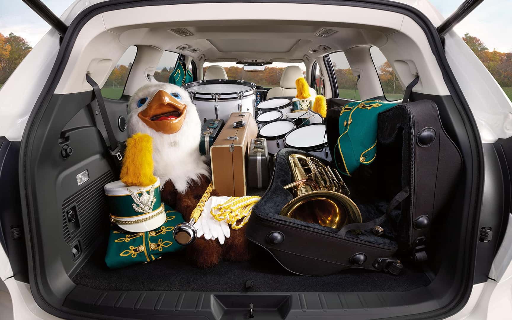 Interior major of Ascent cargo area, fully loaded with marching band equipment