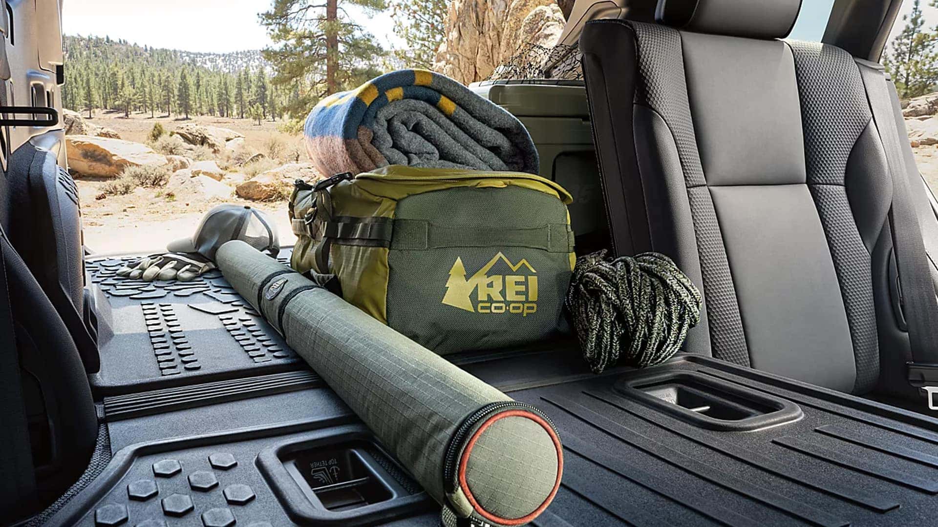 Camping Gear in the Trunk of Subaru Outback Wilderness