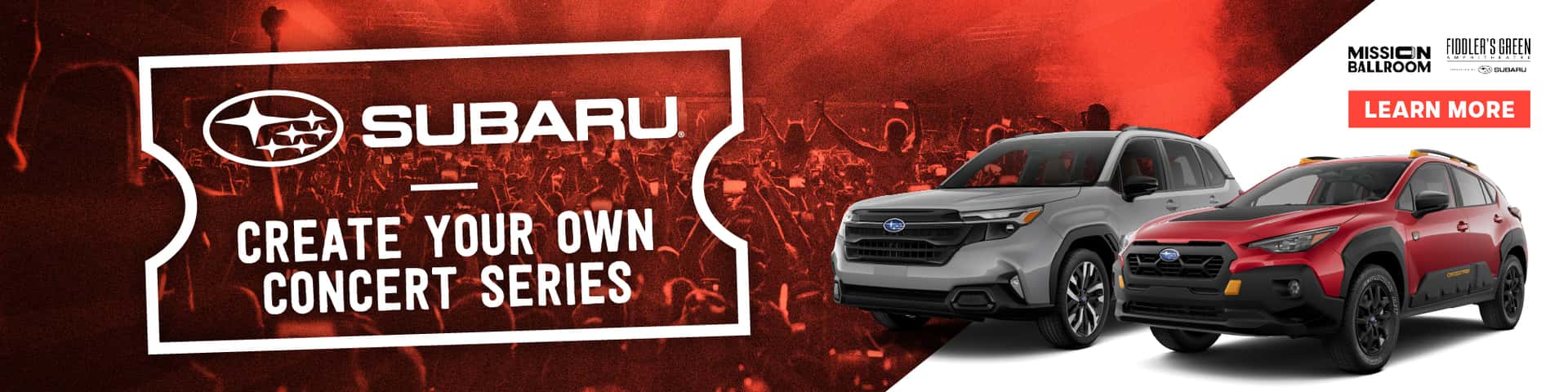 Subaru Forester and Subaru Outback parked next to a group of people attending a concert.