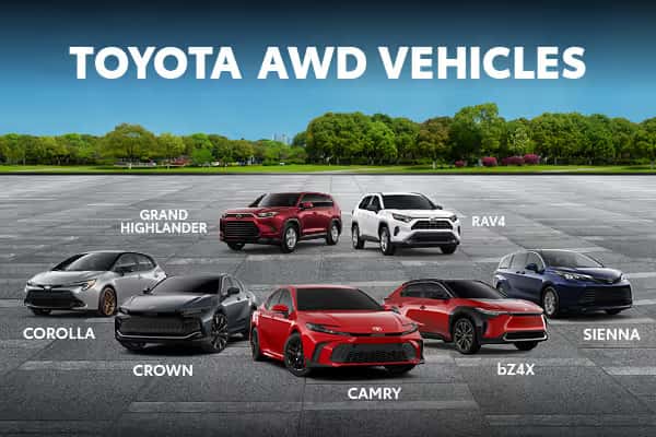Lineup of Toyota AWD vehicles including the RAV4, Highlander, and Crown Signia