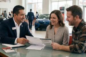 Finance desk — salesperson reviewing paperwork with a couple, everyone smiling