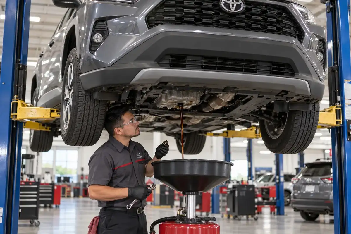 Technician draining engine oil from a Toyota RAV4 on a service lift