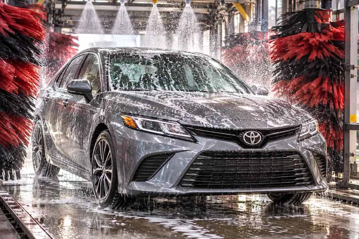 Gray Toyota Camry going through an automatic car wash