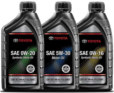 Three quarts of Genuine Toyota Motor Oil: SAE 0W-20 synthetic, SAE 5W-30 and SAE 0W-16 synthetic