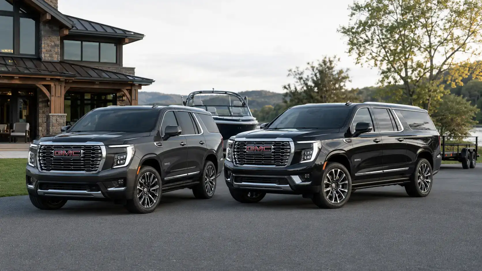 SUVs by the lakeside driveway