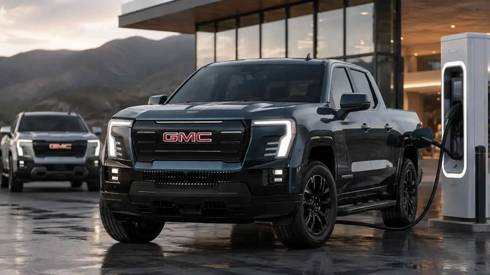 GMC Electric Truck Charging at Dusk