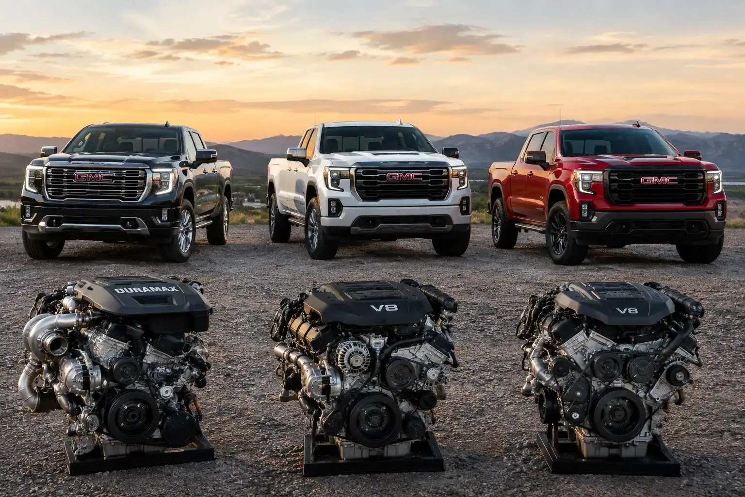 GMC Trucks and Engines at Sunset