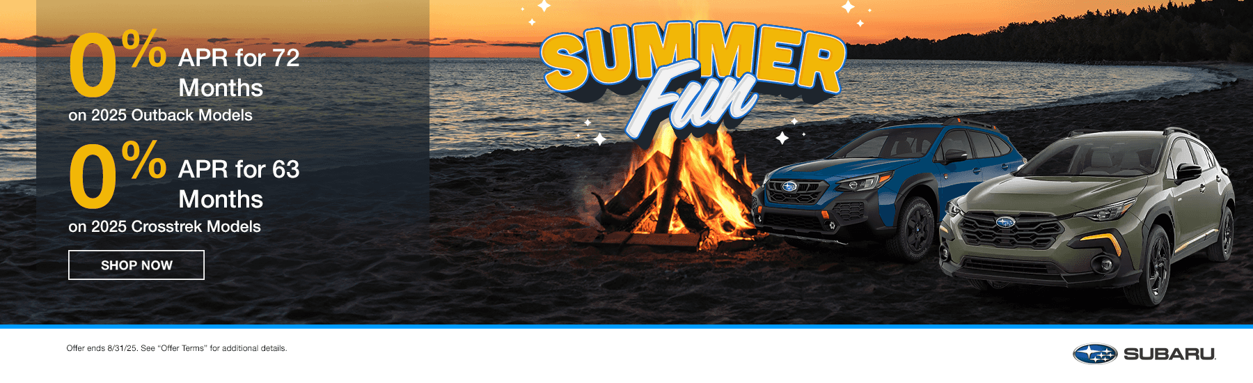 0% APR for 72 Months on 2025 Outback Models Subtext 0% APR for 63 Months on 2025 Crosstrek Models