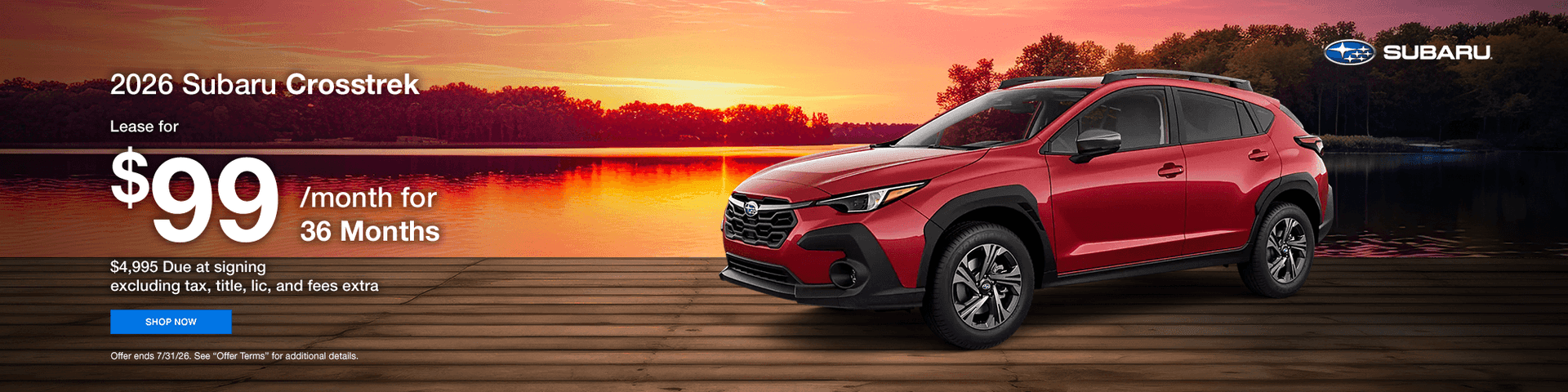 Headline 2026 Crosstrek Subtext Lease for $99/mo for 36 Months $4,995 Due at signing