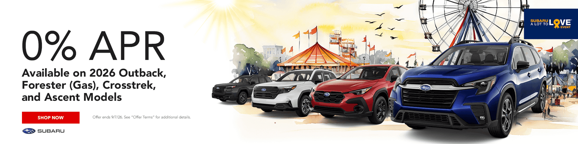 0% APR Available on 2026 Outback, Forester (Gas), Crosstrek, and Ascent Models
