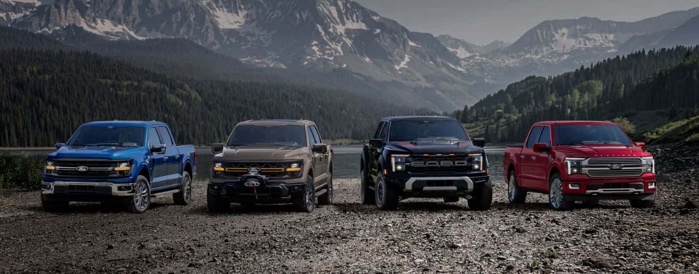 2026 Ford F-150 line up in front of a mountain range.