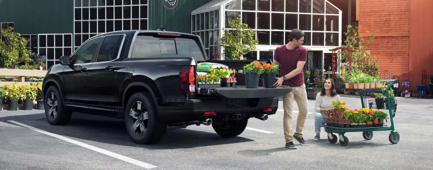 A black 2024 Honda Ridgeline parked near a greenery.