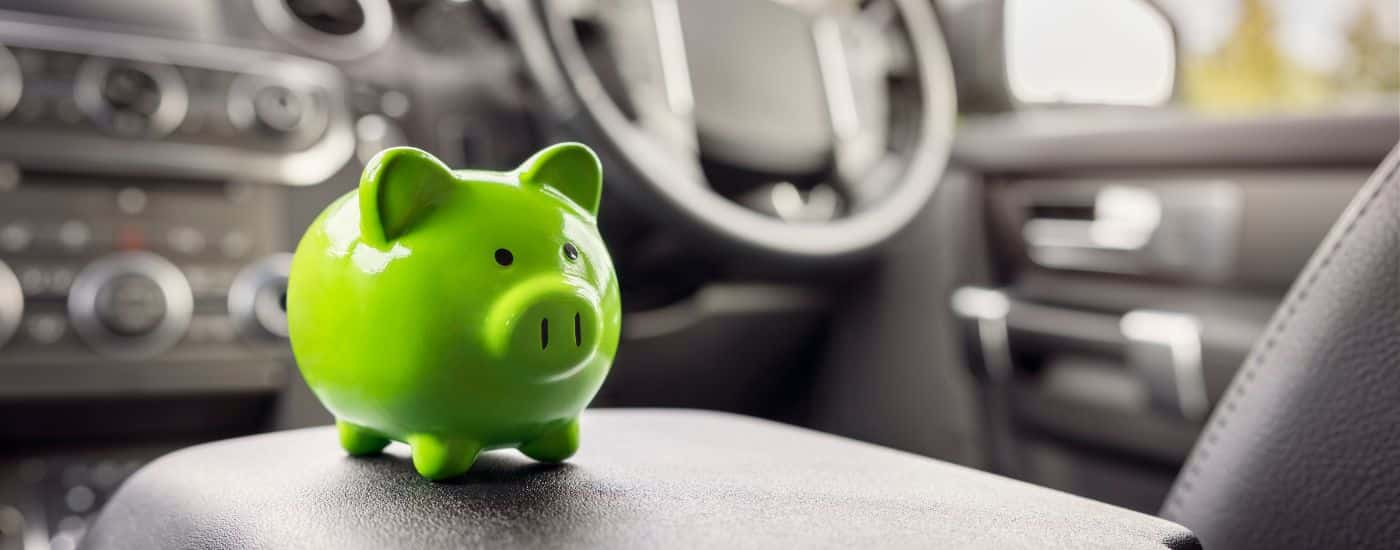 Green piggybank in a care
