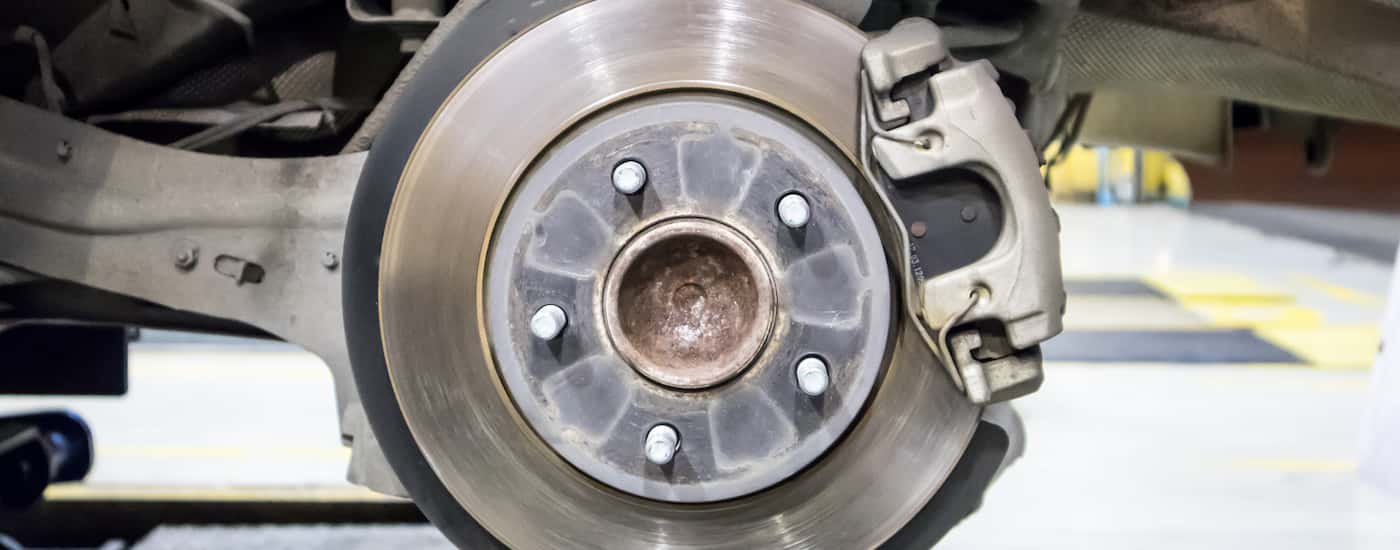 A close up of brake pads during service.