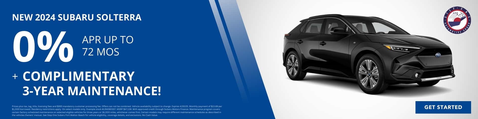 Finance a New 2024 Subaru Solterra at 0% APR + get 3 years Complimentary Maintenance at Step One Subaru Fort Walton Beach in Fort Walton Beach, FL. Select the image to view matching inventory.