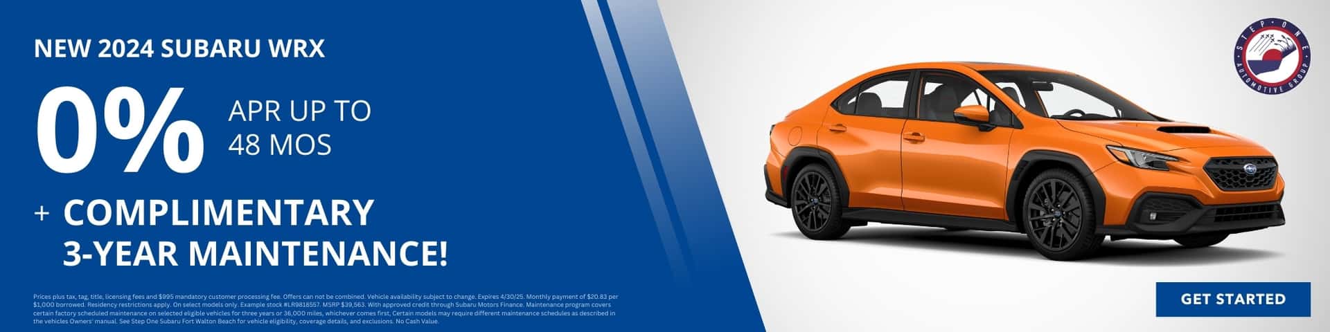 Finance a New 2024 Subaru WRX at 0% APR + get 3 years Complimentary Maintenance at Step One Subaru Fort Walton Beach in Fort Walton Beach, FL. Select the image to view matching inventory.