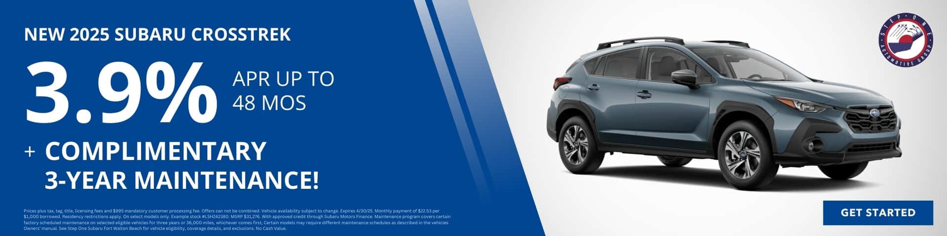 Finance a New 2025 Subaru Crosstrek at 3.9% APR + get 3 years Complimentary Maintenance at Step One Subaru Fort Walton Beach in Fort Walton Beach, FL. Select the image to view matching inventory.