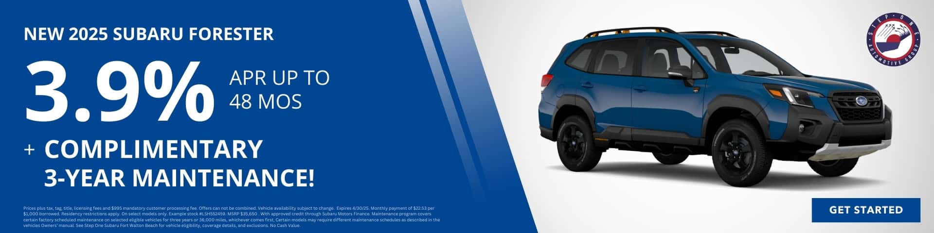 Finance a New 2025 Subaru Forrester at 3.9% APR + get 3 years Complimentary Maintenance at Step One Subaru Fort Walton Beach in Fort Walton Beach, FL. Select the image to view matching inventory.