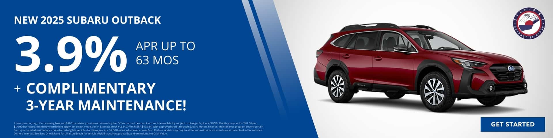 Finance a New 2025 Subaru Outback at 3.9% APR + get 3 years Complimentary Maintenance at Step One Subaru Fort Walton Beach in Fort Walton Beach, FL. Select the image to view matching inventory.