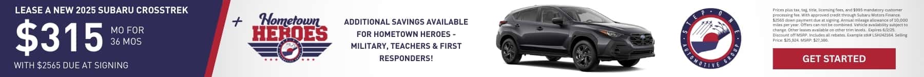 Lease a New 2025 Subaru Crosstrek for $315 per month for 36 months with $2565 Down at Step One Subaru Fort Walton Beach in Fort Walton Beach, FL. Select the image to view inventory.