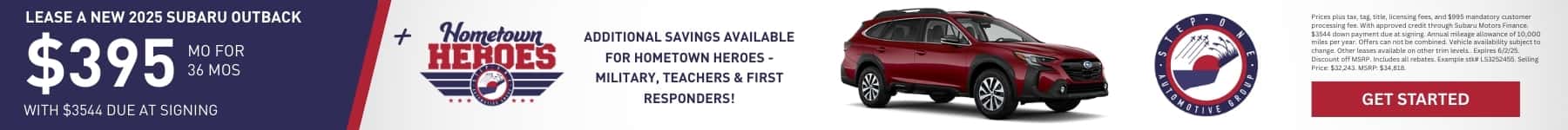 Lease a New 2025 Subaru Outback for $395 per month for 36 months with $3544 Down at Step One Subaru Fort Walton Beach in Fort Walton Beach, FL. Select the image to view inventory.