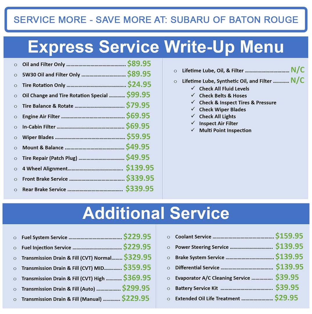Subaru Service Menu Subaru of Baton Rouge