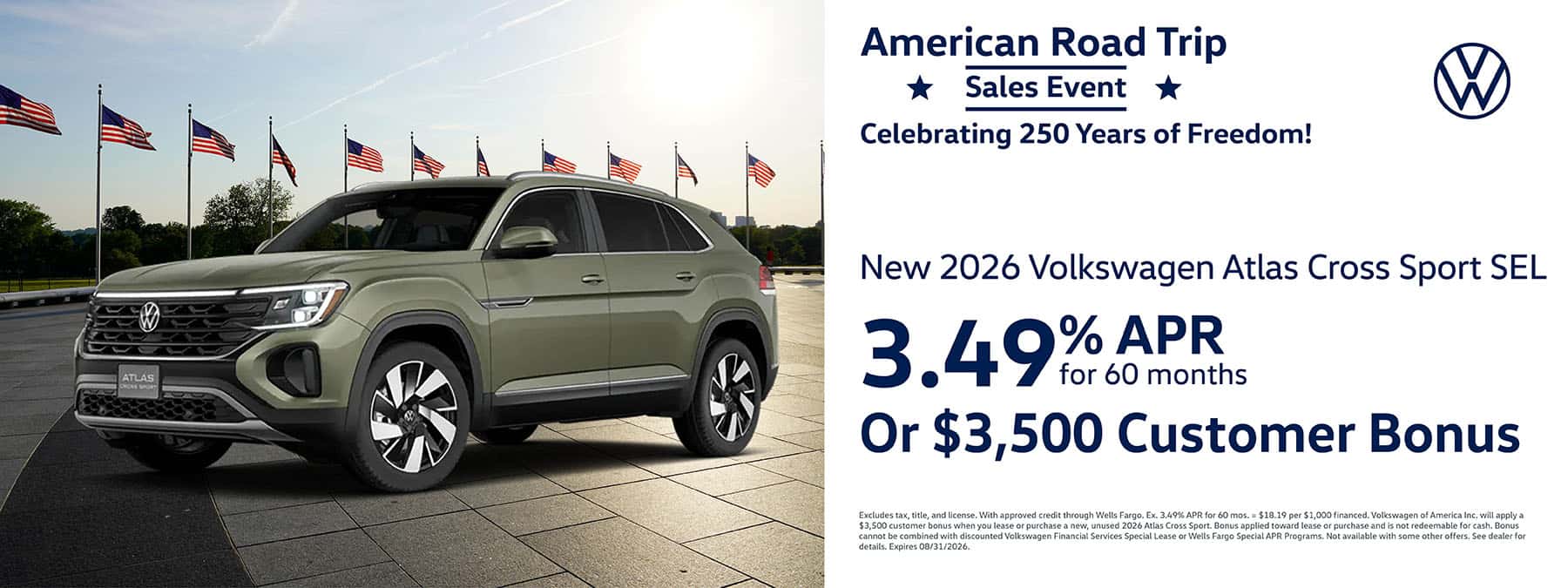 Get a new 2026 Volkswagen Atlas Cross Sport SEL with 3.49% APR for 60 months or $3,500 Customer Bonus