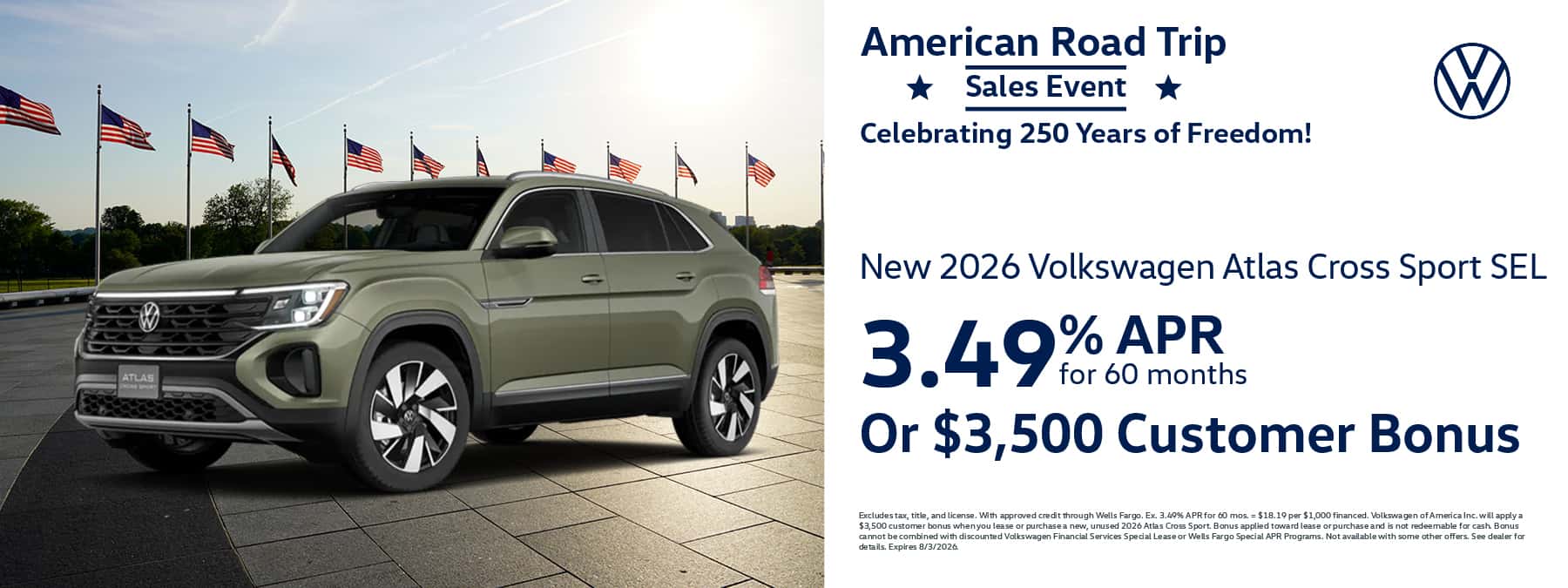 Get a new 2026 Volkswagen Atlas Cross Sport SEL with 3.49% APR for 60 months or $3,500 Customer Bonus