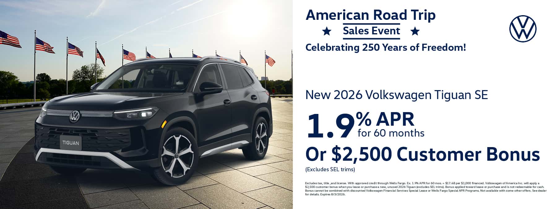 Get a new 2026 Volkswagen Tiguan SE with 1.9% APR for 60 months or $2,500 Customer Bonus