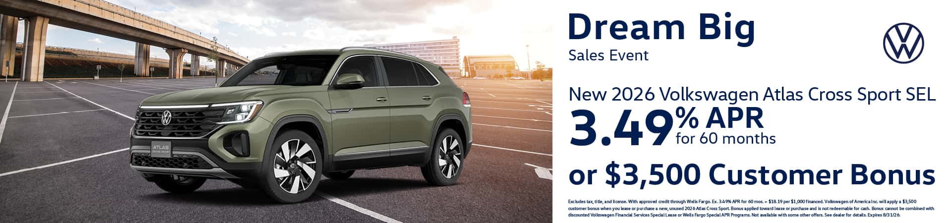Get a new 2026 Volkswagen Atlas Cross Sport SEL with 3.49% APR for 60 months or $3,500 Customer Bonus