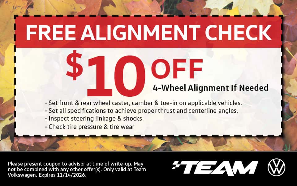 Free Alignment Check Plus $10 Off 4-Wheel Alignment if Needed. Set front & rear wheel caster, camber & toe-in on applicable vehicles. Set all specifications to achieve proper thrust and centerline angles. Inspect steering linkage & shocks Check tire pressure & tire wear