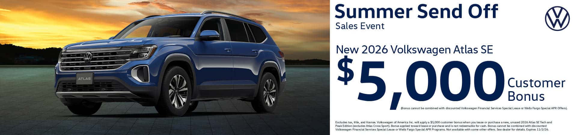 Get a new 2026 Volkswagen Atlas SE with a $5,000 Customer Bonus