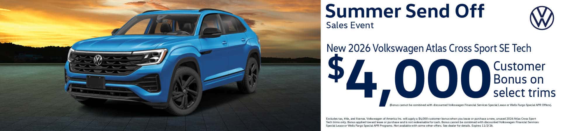 Get a new 2026 Volkswagen Atlas Cross Sport SE Tech with a $4,000 Customer Bonus on select trims