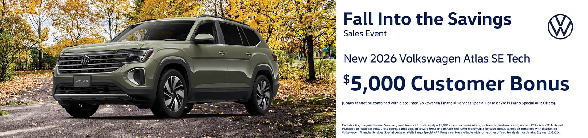 Get a new 2026 Volkswagen Atlas SE Tech with a $5,000 Customer Bonus