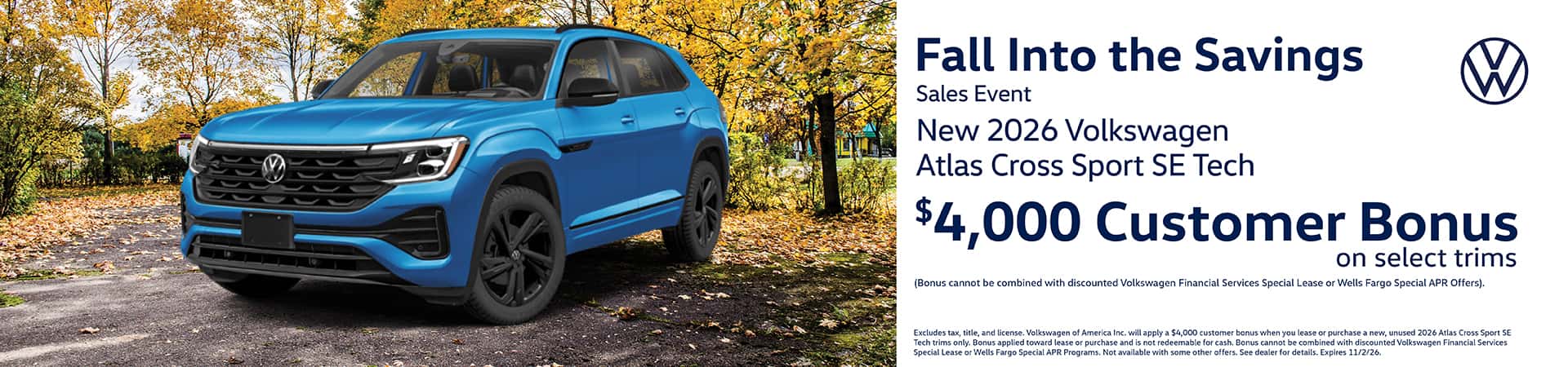 Get a new 2026 Volkswagen Atlas Cross Sport SE Tech with a $4,000 Customer Bonus on select trims