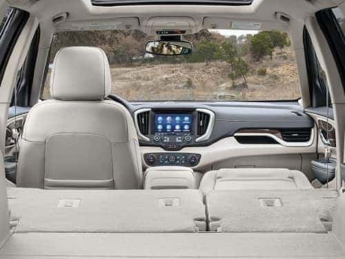 2024 GMC Terrain interior view looking into the vehicle from the back with the back seats down