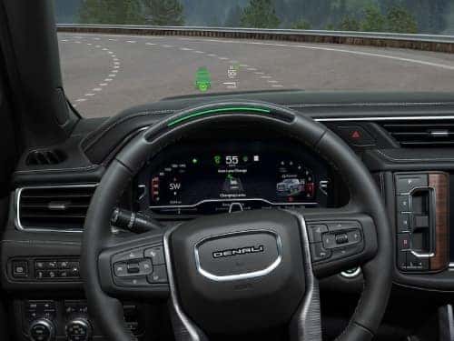 2024 GMC Yukon Denali view of driver dash showing super cruise feature and speed shown on head-up display