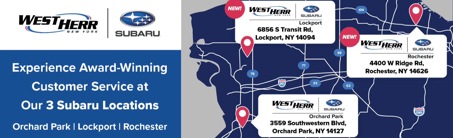 Graphic showing all three West Herr Subaru locations