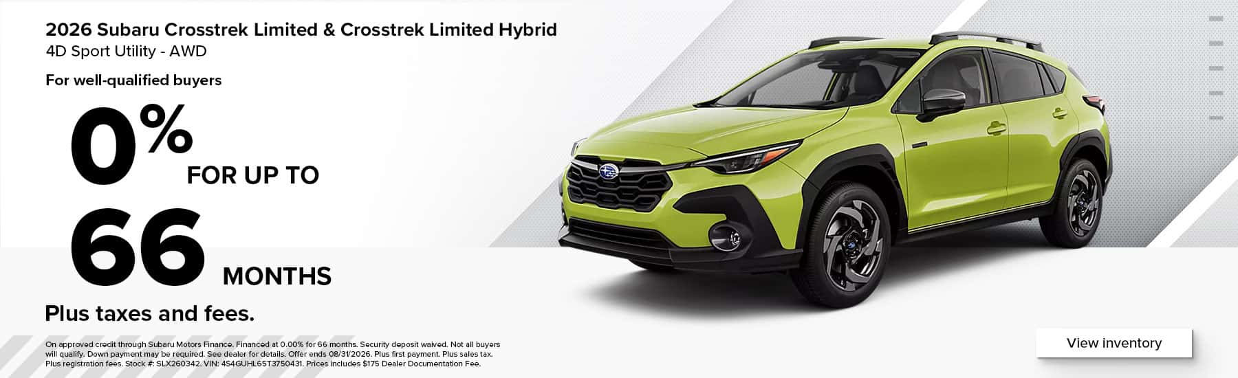 Subaru Crosstrek Limited and Crosstrek Hybrid Limited 0% Financing Offer at all West Herr Subaru locations in Buffalo & Rochester NY