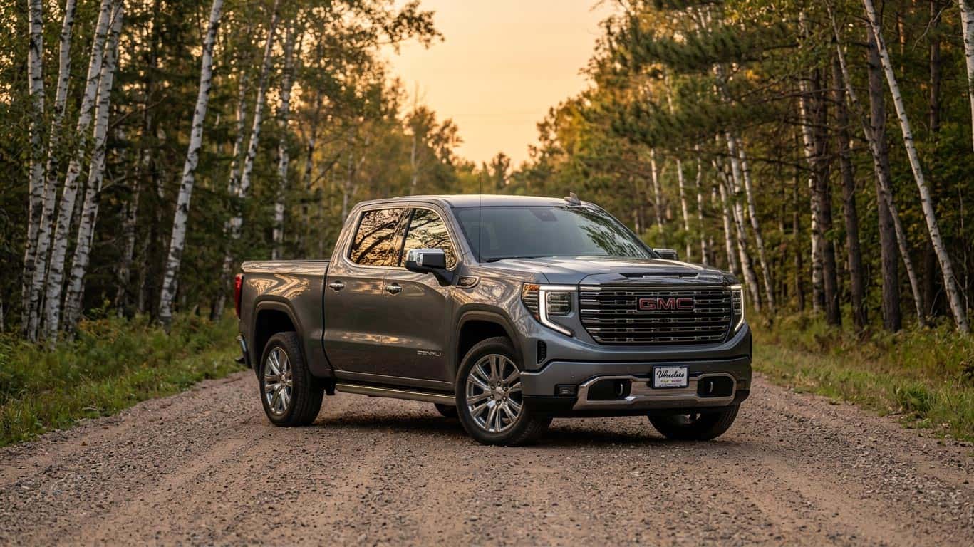 Clean late-model GMC Sierra on a gravel backcountry road. Wisconsin birch and pine treeline. Golden hour light. No people, no dealership.