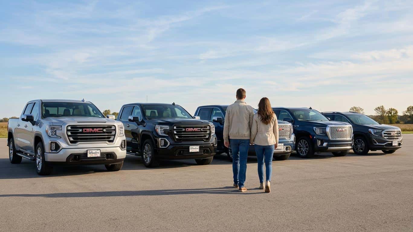 Couple viewed from behind walking toward a row of GMC trucks. Clear Wisconsin morning sky. Wheelers logo visible on front license plate of nearest truck. No dealership building.