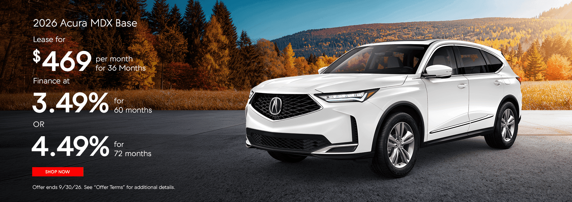 2026 Acura MDX Base Subtext Lease for $469 per month for 36 Months Finance at 3.49% for 60 months Or 4.49% for 72 months